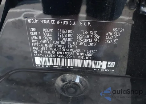 2021 Honda Hr-V Awd Sport из США, поврежденный, VIN 3CZRU6H15MM750048